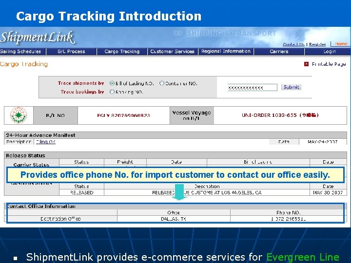 Cargo Tracking Introduction Provides office phone No. for import customer to contact our office