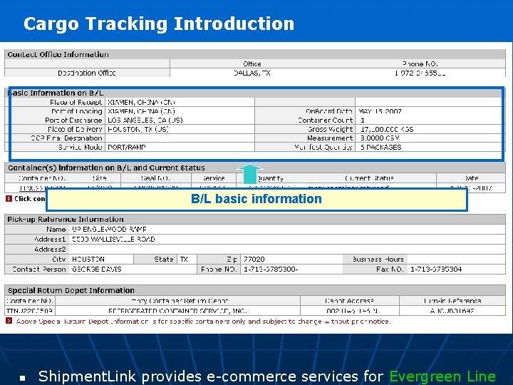 Cargo Tracking Introduction B/L basic information n Shipment. Link provides e-commerce services for Evergreen