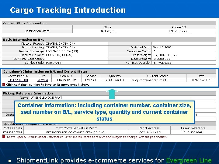 Cargo Tracking Introduction Container information: including container number, container size, seal number on B/L,