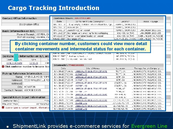 Cargo Tracking Introduction By clicking container number, customers could view more detail container movements