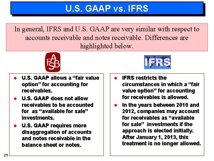 U. S. GAAP vs. IFRS In general, IFRS and U. S. GAAP are very