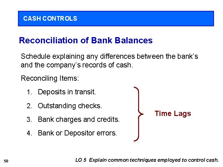 CASH CONTROLS Reconciliation of Bank Balances Schedule explaining any differences between the bank’s and