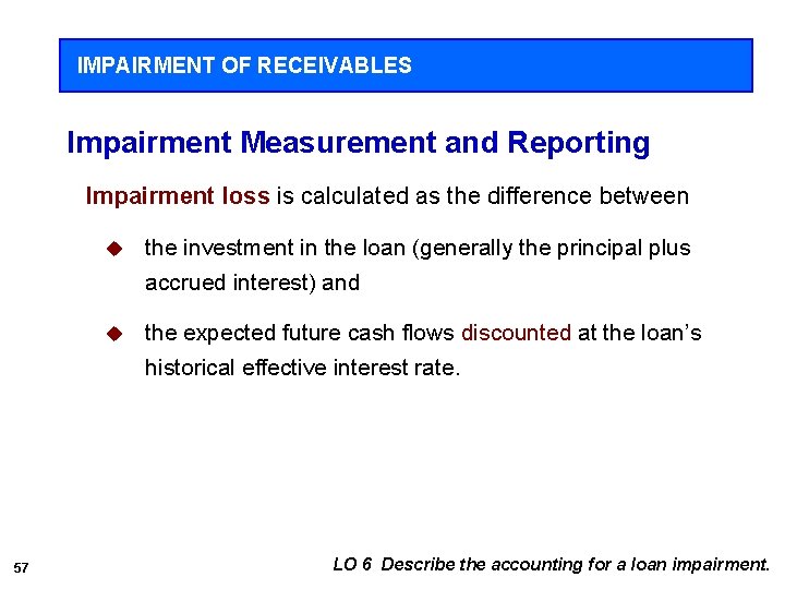 IMPAIRMENT OF RECEIVABLES Impairment Measurement and Reporting Impairment loss is calculated as the difference