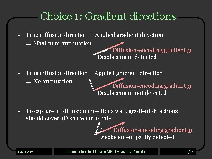 Choice 1: Gradient directions • True diffusion direction || Applied gradient direction Maximum attenuation
