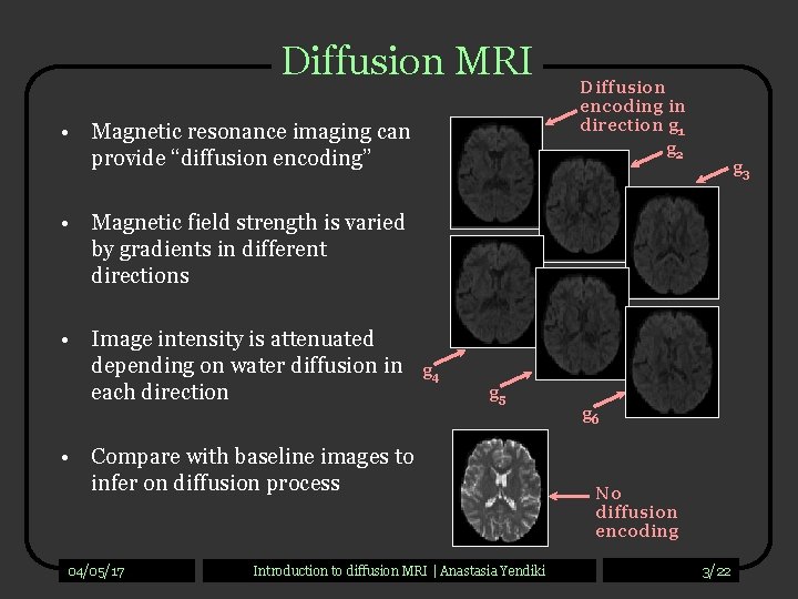 Diffusion MRI • Magnetic resonance imaging can provide “diffusion encoding” Diffusion encoding in direction