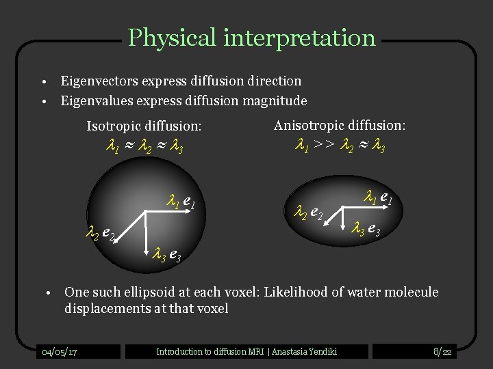 Physical interpretation • Eigenvectors express diffusion direction • Eigenvalues express diffusion magnitude Isotropic diffusion: