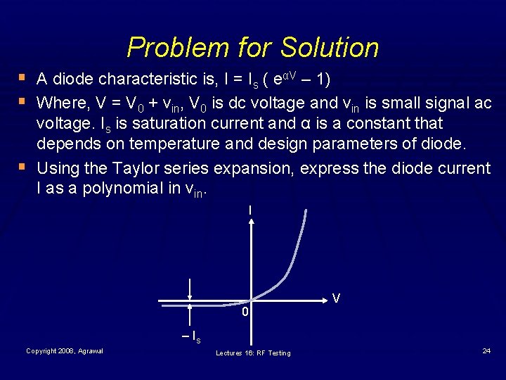 Problem for Solution § A diode characteristic is, I = Is ( eαV –