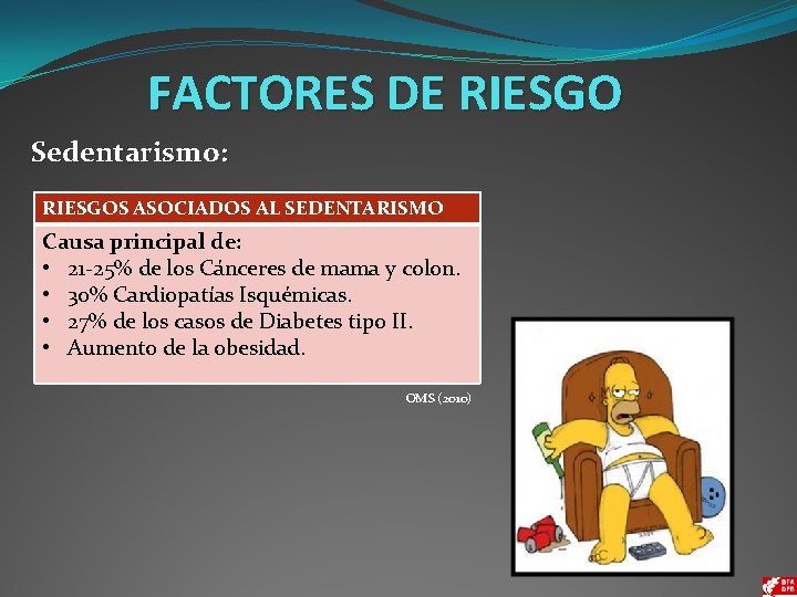 FACTORES DE RIESGO Sedentarismo: RIESGOS ASOCIADOS AL SEDENTARISMO Causa principal de: • 21 -25%