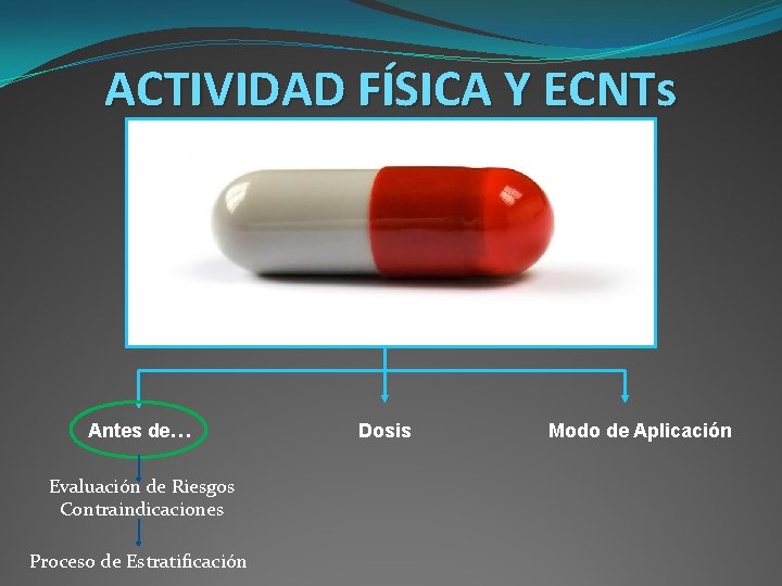 ACTIVIDAD FÍSICA Y ECNTs Antes de… Evaluación de Riesgos Contraindicaciones Proceso de Estratificación Dosis