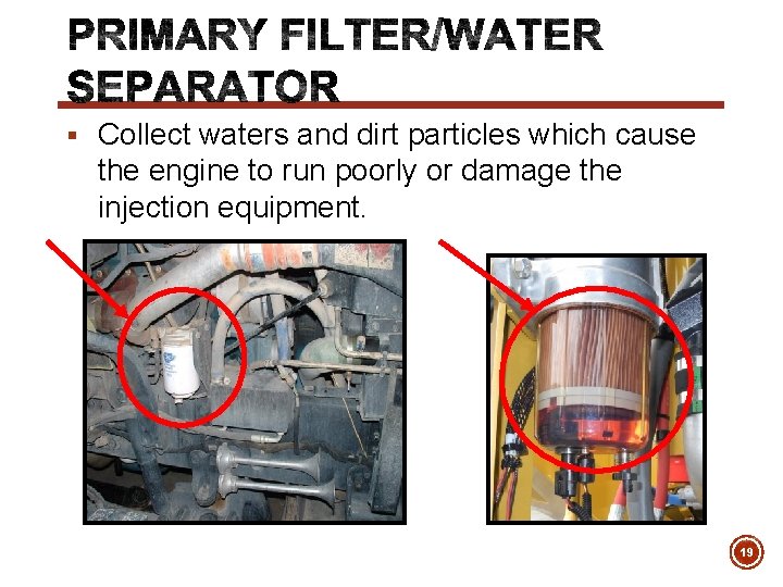 § Collect waters and dirt particles which cause the engine to run poorly or