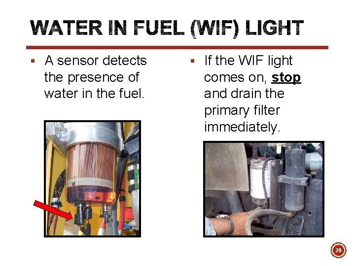 § A sensor detects the presence of water in the fuel. § If the