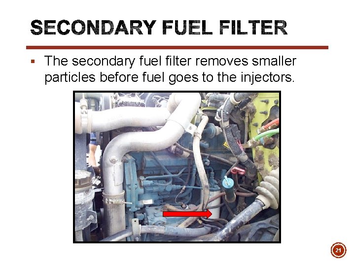 § The secondary fuel filter removes smaller particles before fuel goes to the injectors.