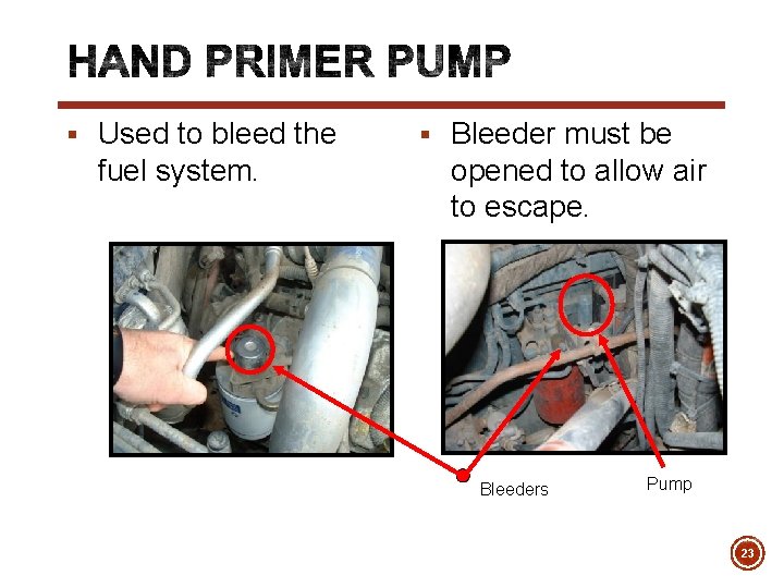 § Used to bleed the fuel system. § Bleeder must be opened to allow