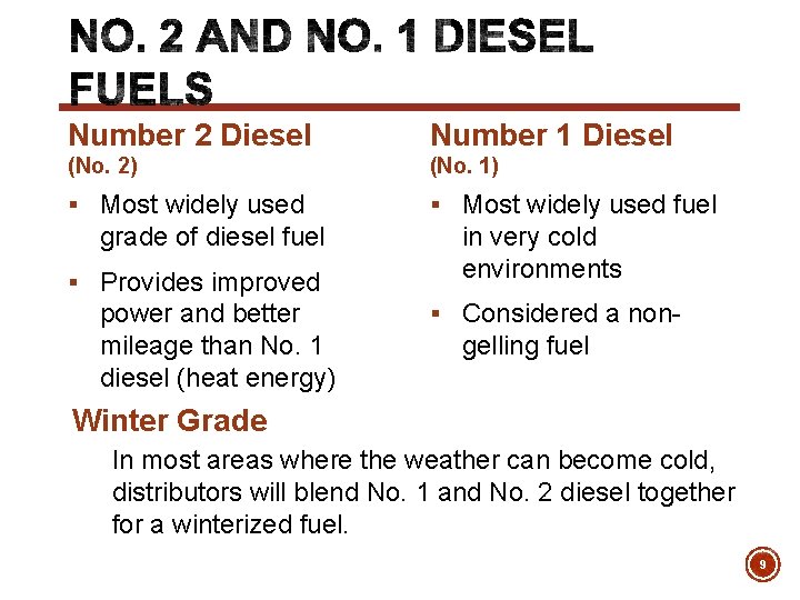 Number 2 Diesel Number 1 Diesel (No. 2) (No. 1) § Most widely used
