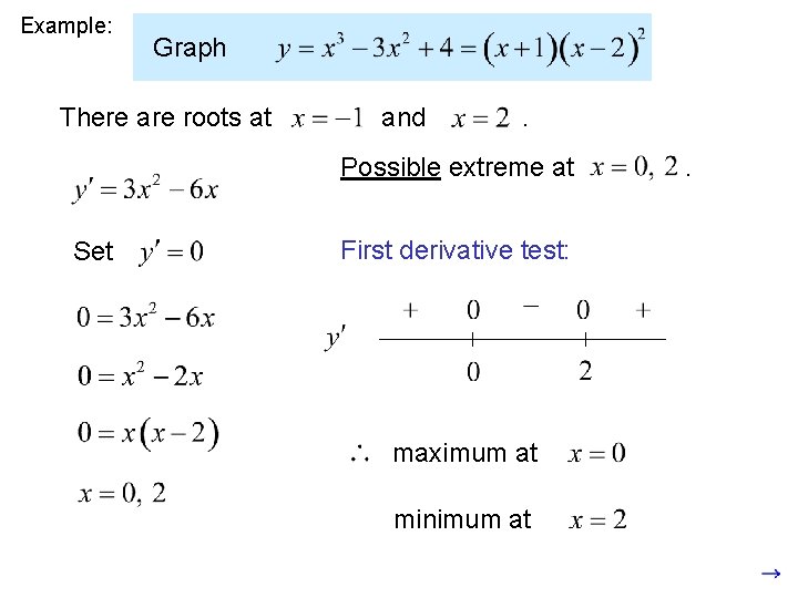 Example: Graph There are roots at and . Possible extreme at Set First derivative