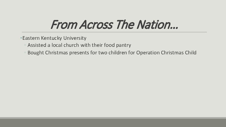 From Across The Nation… • Eastern Kentucky University ◦ Assisted a local church with