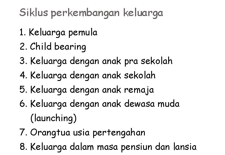 Siklus perkembangan keluarga 1. Keluarga pemula 2. Child bearing 3. Keluarga dengan anak pra
