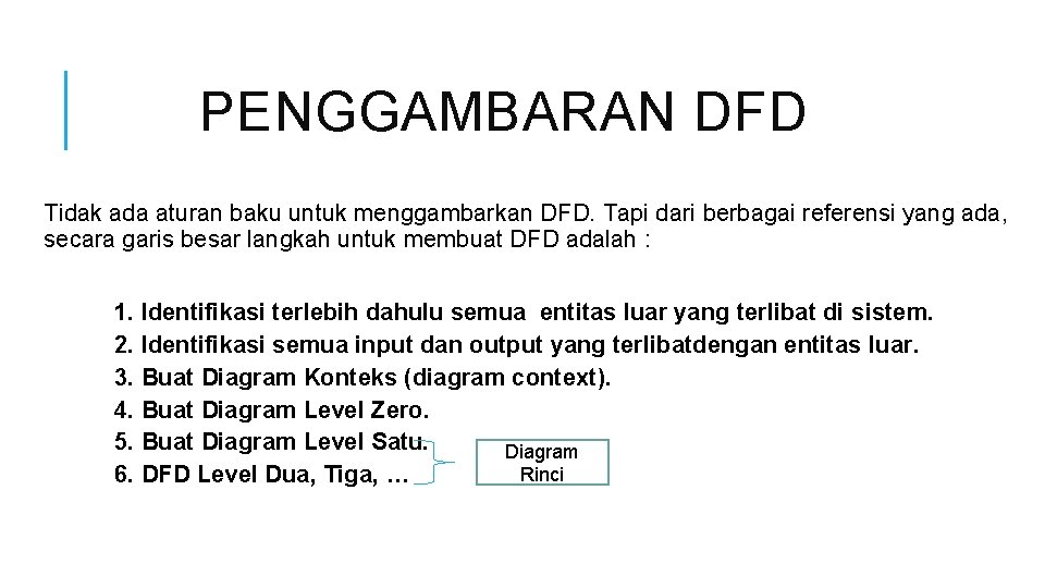 PENGGAMBARAN DFD Tidak ada aturan baku untuk menggambarkan DFD. Tapi dari berbagai referensi yang