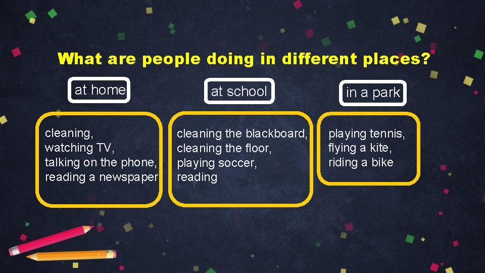 What are people doing in different places? at home at school cleaning, watching TV,