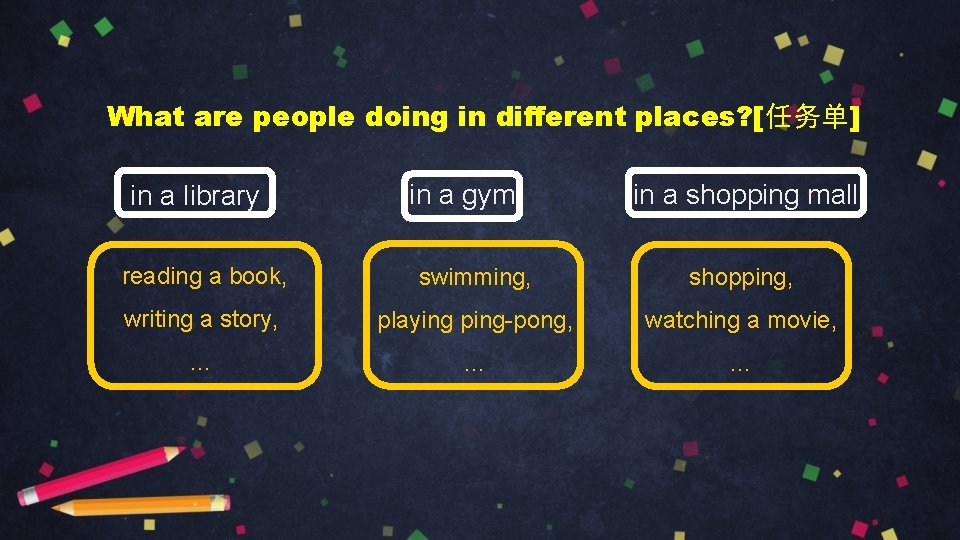 What are people doing in different places? [任务单] in a library in a gym