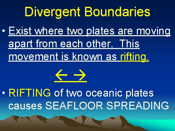 Divergent Boundaries • Exist where two plates are moving apart from each other. This