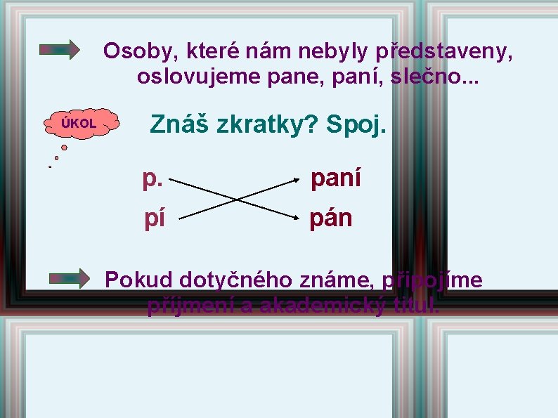 Osoby, které nám nebyly představeny, oslovujeme pane, paní, slečno. . . ÚKOL Znáš zkratky? Osoby, které nám nebyly představeny, oslovujeme pane, paní, slečno. . . ÚKOL Znáš zkratky?