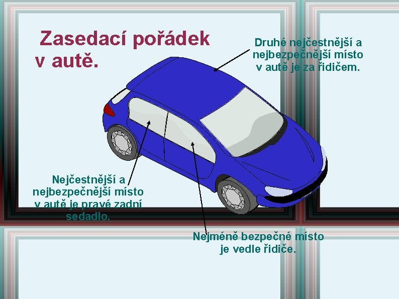 Zasedací pořádek v autě. Druhé nejčestnější a nejbezpečnější místo v autě je za řidičem. Zasedací pořádek v autě. Druhé nejčestnější a nejbezpečnější místo v autě je za řidičem.