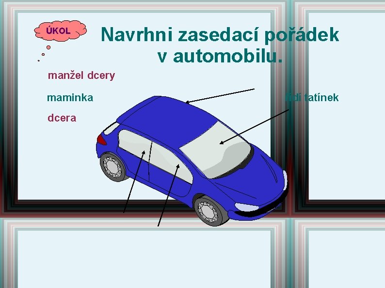 ÚKOL Navrhni zasedací pořádek v automobilu. manžel dcery maminka dcera řídí tatínek ÚKOL Navrhni zasedací pořádek v automobilu. manžel dcery maminka dcera řídí tatínek