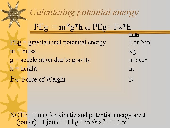 Calculating potential energy PEg = m*g*h or PEg =Fw*h Units PEg = gravitational potential
