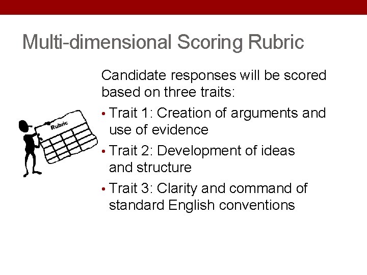 Multi-dimensional Scoring Rubric Candidate responses will be scored based on three traits: • Trait Multi-dimensional Scoring Rubric Candidate responses will be scored based on three traits: • Trait