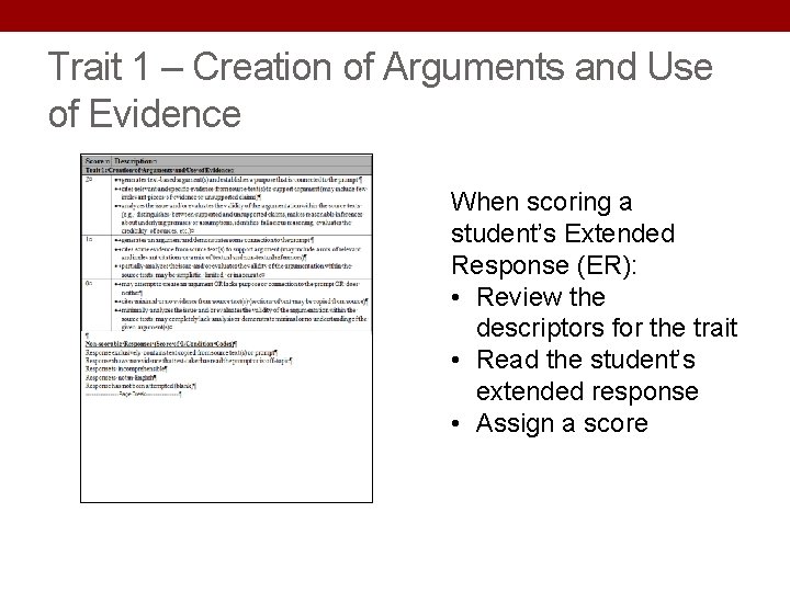 Trait 1 – Creation of Arguments and Use of Evidence When scoring a student’s Trait 1 – Creation of Arguments and Use of Evidence When scoring a student’s