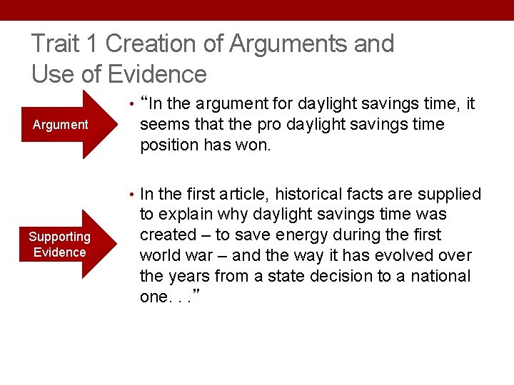 Trait 1 Creation of Arguments and Use of Evidence • “In the argument for Trait 1 Creation of Arguments and Use of Evidence • “In the argument for