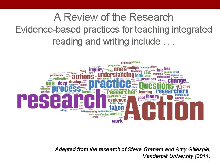 A Review of the Research Evidence-based practices for teaching integrated reading and writing include. A Review of the Research Evidence-based practices for teaching integrated reading and writing include.