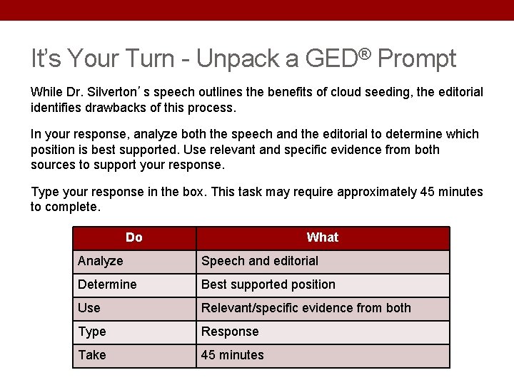It’s Your Turn - Unpack a GED® Prompt While Dr. Silverton’s speech outlines the It’s Your Turn - Unpack a GED® Prompt While Dr. Silverton’s speech outlines the