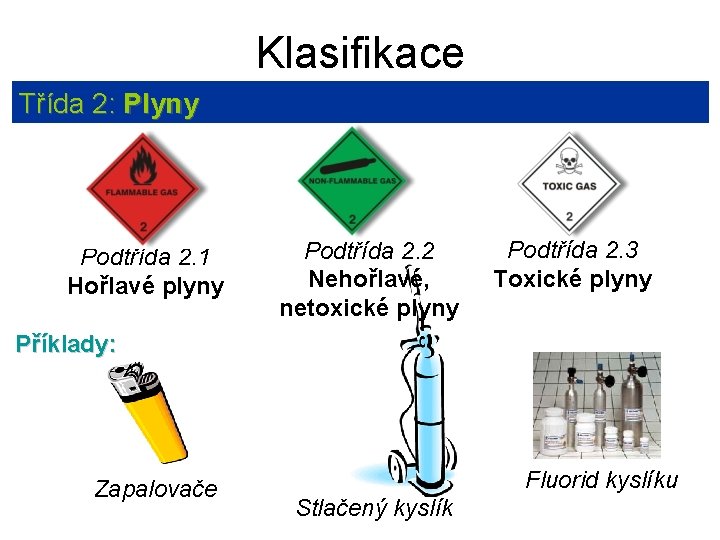 Klasifikace Třída 2: Plyny Podtřída 2. 1 Hořlavé plyny Podtřída 2. 2 Nehořlavé, netoxické