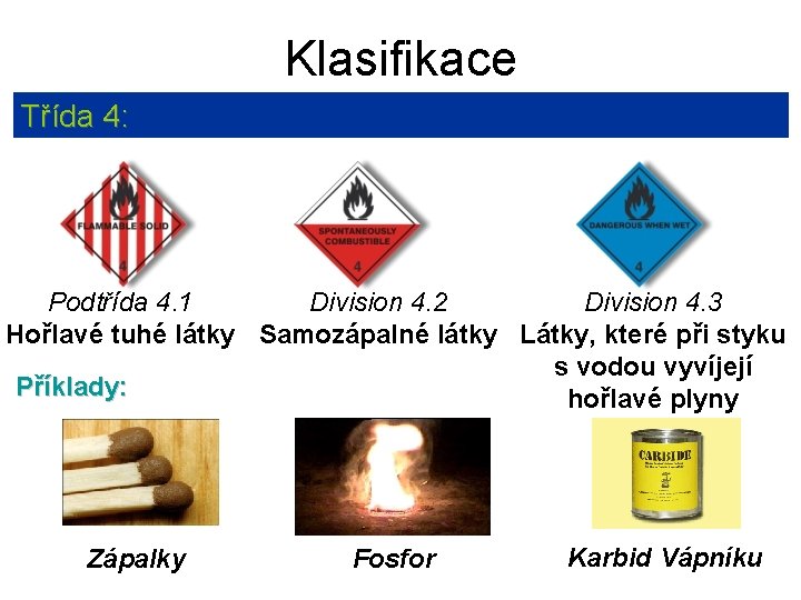 Klasifikace Třída 4: Podtřída 4. 1 Division 4. 2 Division 4. 3 Hořlavé tuhé