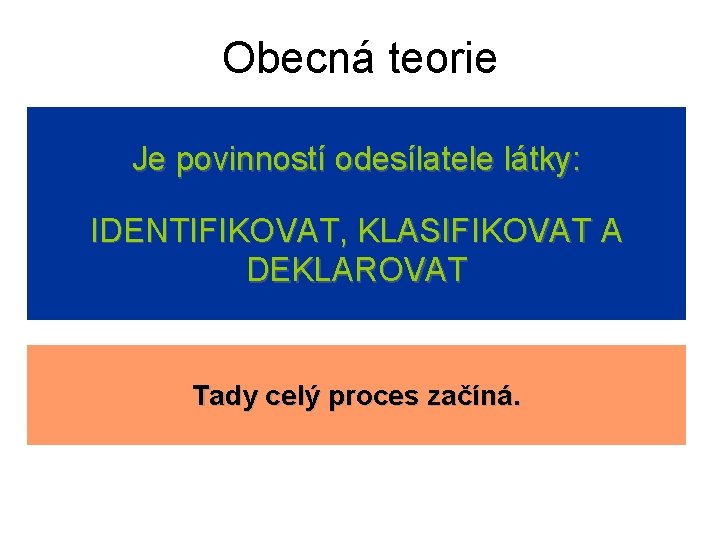 Obecná teorie Je povinností odesílatele látky: IDENTIFIKOVAT, KLASIFIKOVAT A DEKLAROVAT Tady celý proces začíná.