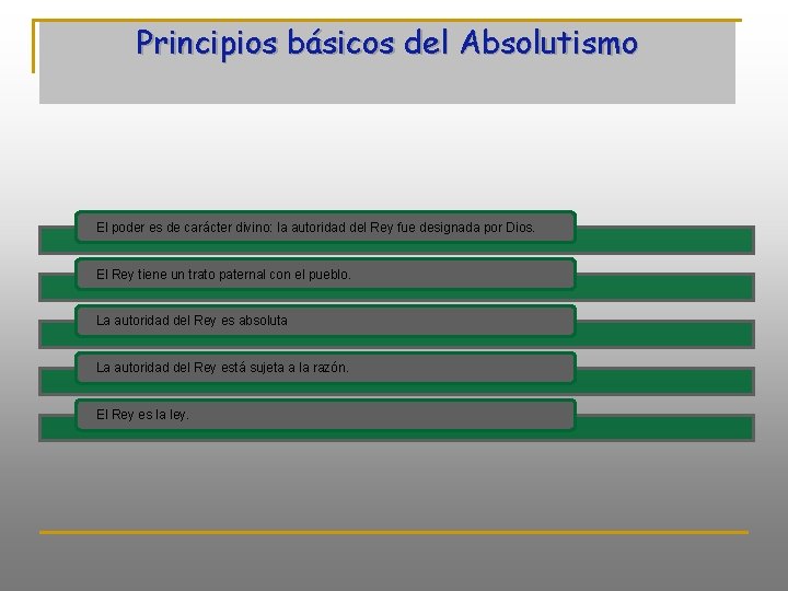 Principios básicos del Absolutismo El poder es de carácter divino: la autoridad del Rey