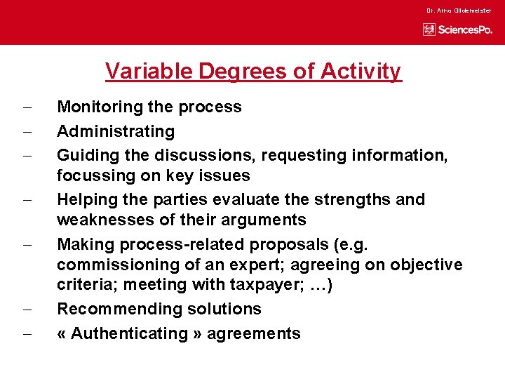 Dr. Arno Gildemeister Variable Degrees of Activity - - Monitoring the process Administrating Guiding