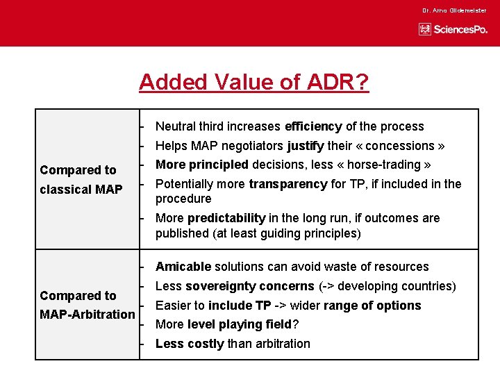 Dr. Arno Gildemeister Added Value of ADR? Compared to classical MAP - Neutral third