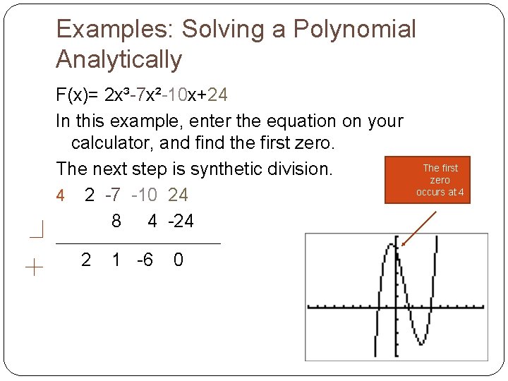 Examples: Solving a Polynomial Analytically F(x)= 2 x³-7 x²-10 x+24 In this example, enter