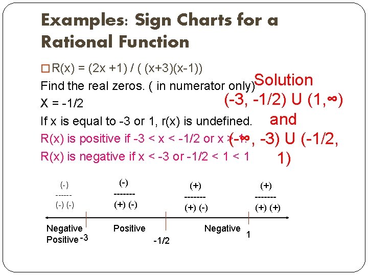 Examples: Sign Charts for a Rational Function � R(x) = (2 x +1) /