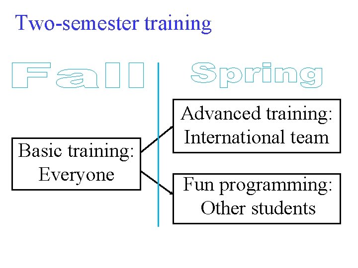 Two-semester training Basic training: Everyone Advanced training: International team Fun programming: Other students Two-semester training Basic training: Everyone Advanced training: International team Fun programming: Other students