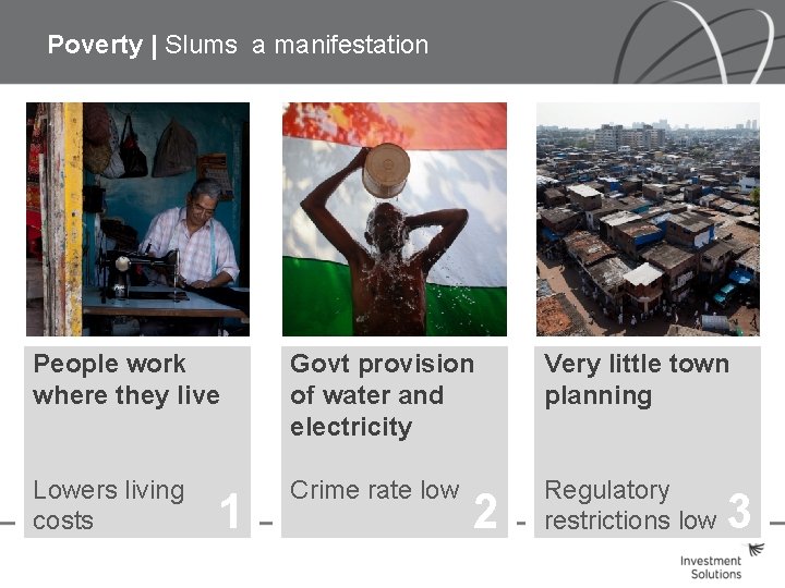 Poverty | Slums a manifestation People work where they live Govt provision of water Poverty | Slums a manifestation People work where they live Govt provision of water