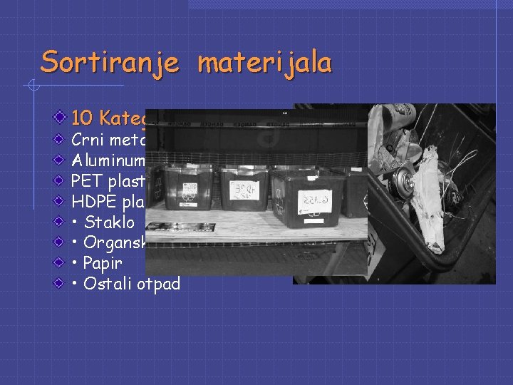 Sortiranje materijala 10 Kategorija Crni metali Aluminum PET plastične boce HDPE plastika • Staklo Sortiranje materijala 10 Kategorija Crni metali Aluminum PET plastične boce HDPE plastika • Staklo