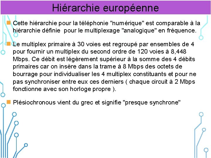 Hiérarchie européenne n Cette hiérarchie pour la téléphonie "numérique" est comparable à la hiérarchie