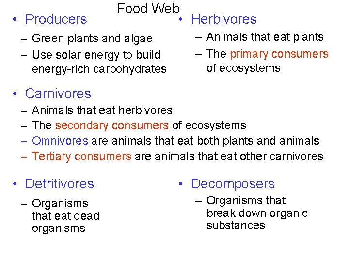  • Producers Food Web • Herbivores – Green plants and algae – Use