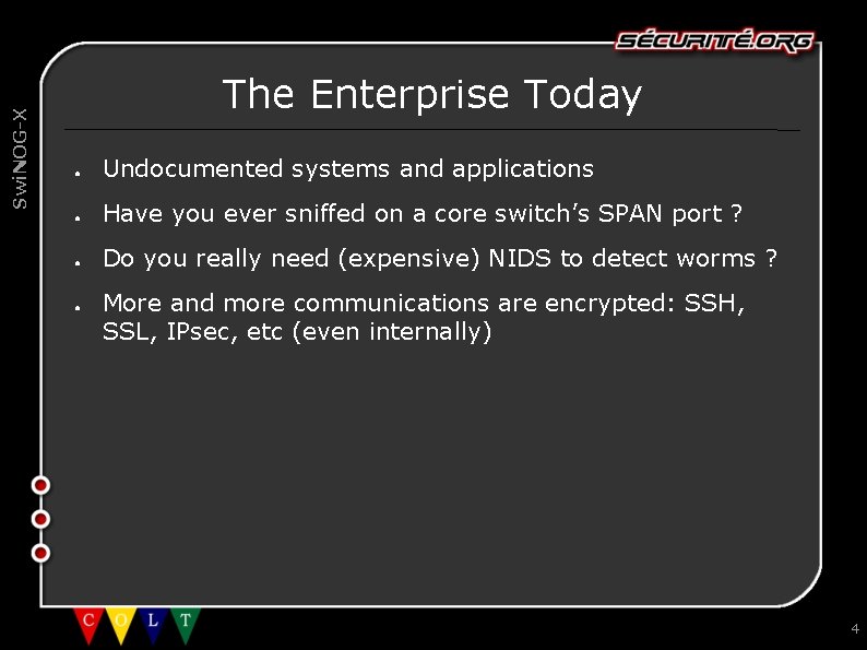 Swi. NOG-X The Enterprise Today ● Undocumented systems and applications ● Have you ever