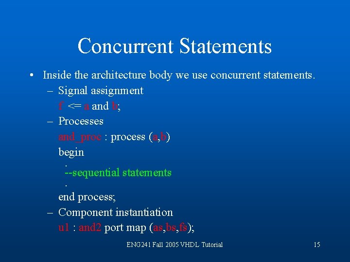 Concurrent Statements • Inside the architecture body we use concurrent statements. – Signal assignment