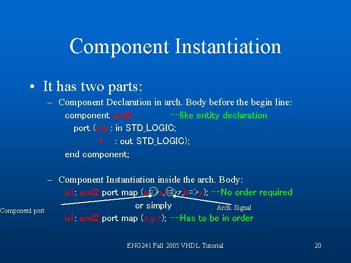 Component Instantiation • It has two parts: – Component Declaration in arch. Body before